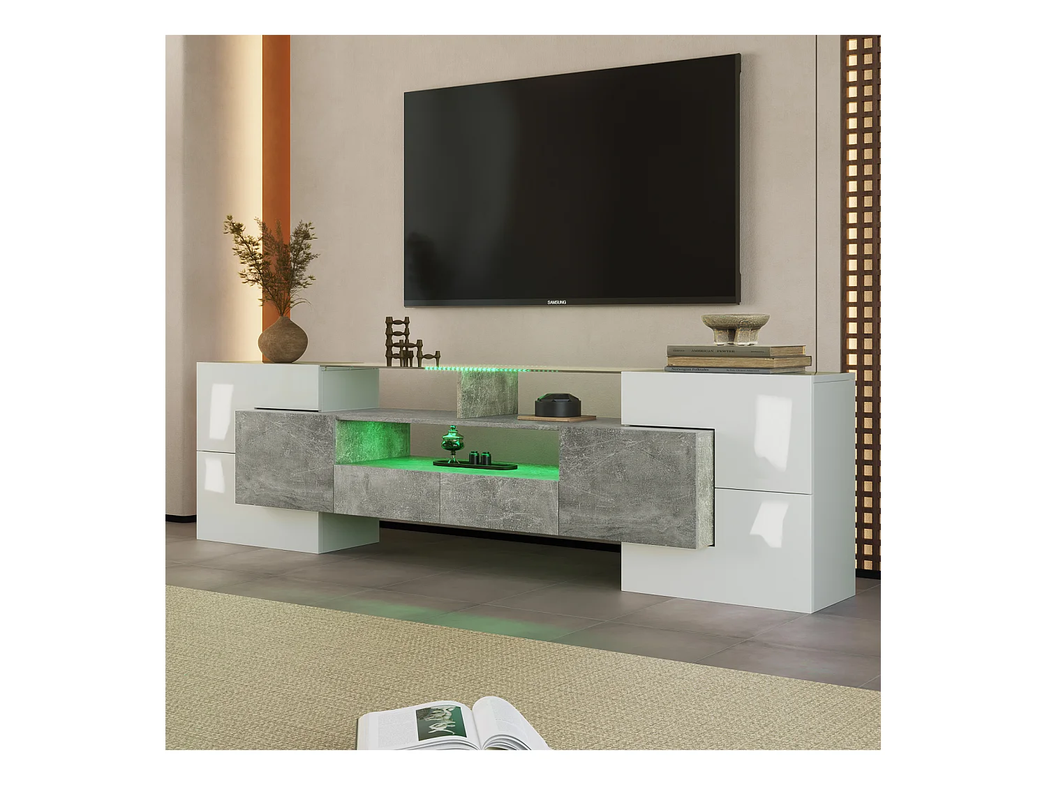 Móvel TV - 200x38x48cm LED branco brilhante e cinzento - acabamento em vidro - 4 portas de arrumação 2 gavetas 3 compartimentos - cinzento