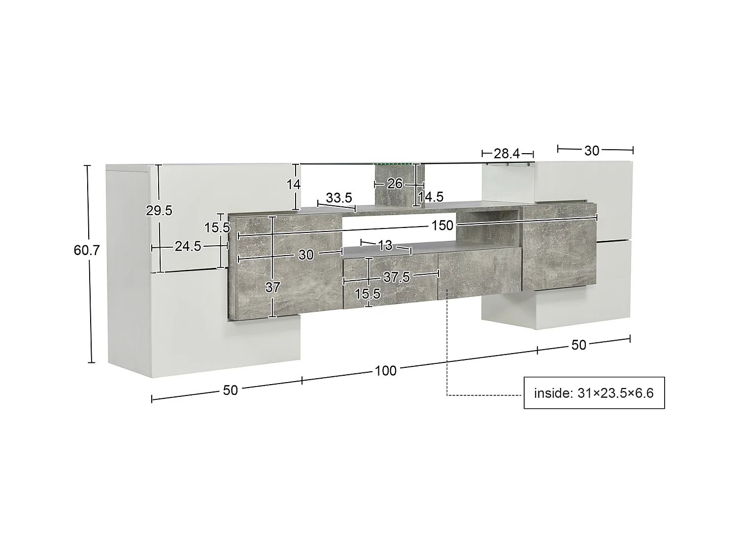 Móvel TV - 200x38x48cm LED branco brilhante e cinzento - acabamento em vidro - 4 portas de arrumação 2 gavetas 3 compartimentos - cinzento
