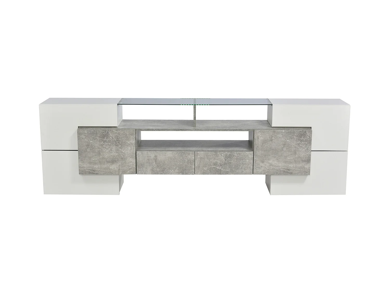 Móvel TV - 200x38x48cm LED branco brilhante e cinzento - acabamento em vidro - 4 portas de arrumação 2 gavetas 3 compartimentos - cinzento