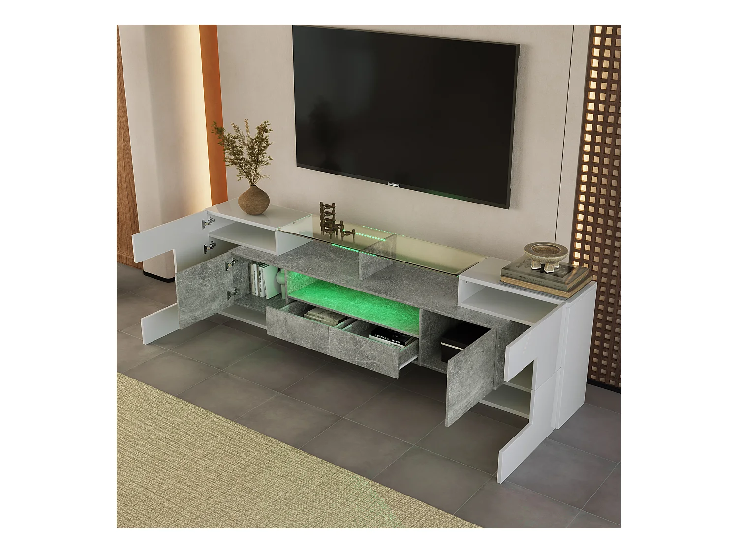 Móvel TV - 200x38x48cm LED branco brilhante e cinzento - acabamento em vidro - 4 portas de arrumação 2 gavetas 3 compartimentos - cinzento