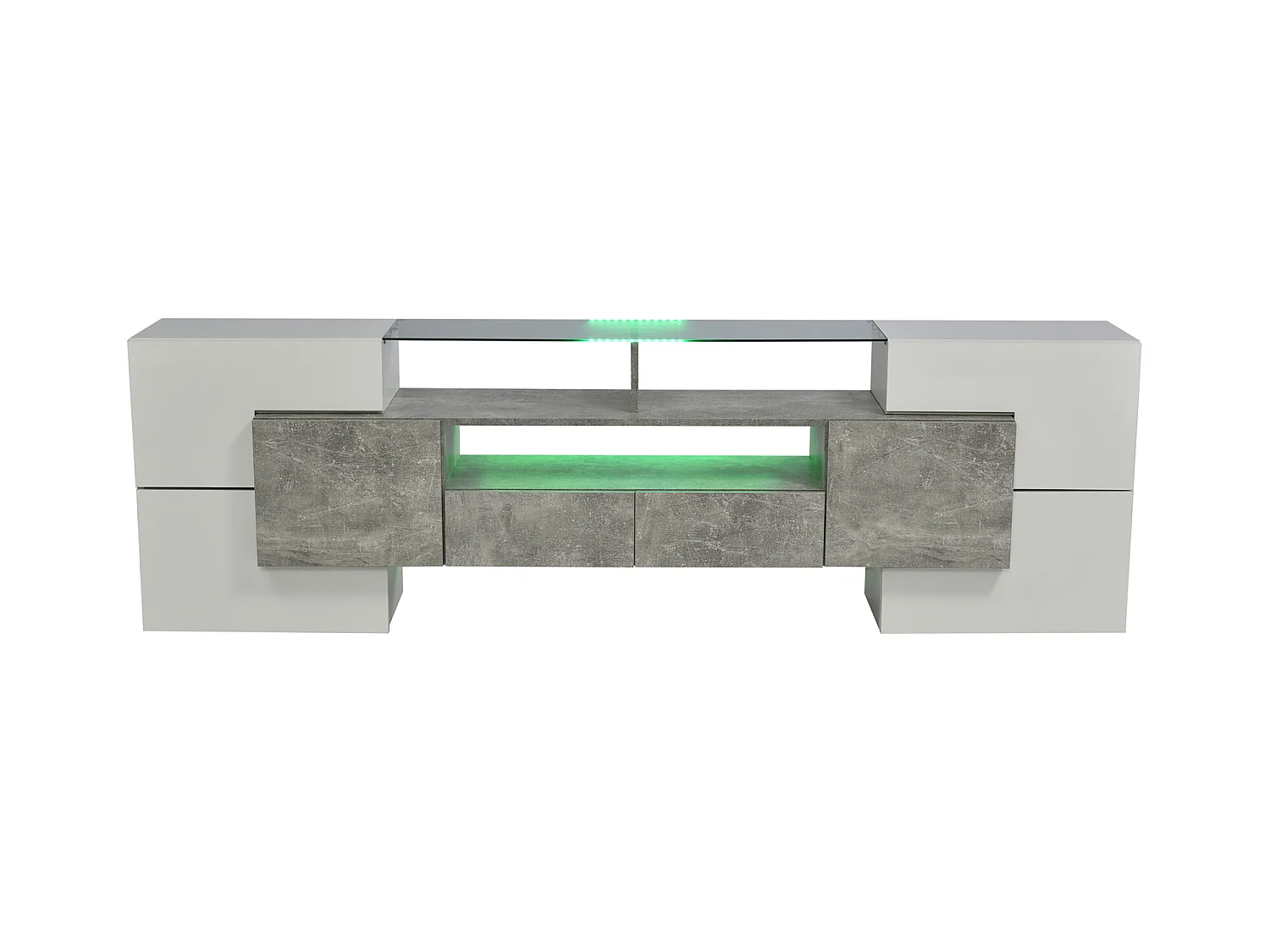 Móvel TV - 200x38x48cm LED branco brilhante e cinzento - acabamento em vidro - 4 portas de arrumação 2 gavetas 3 compartimentos - cinzento