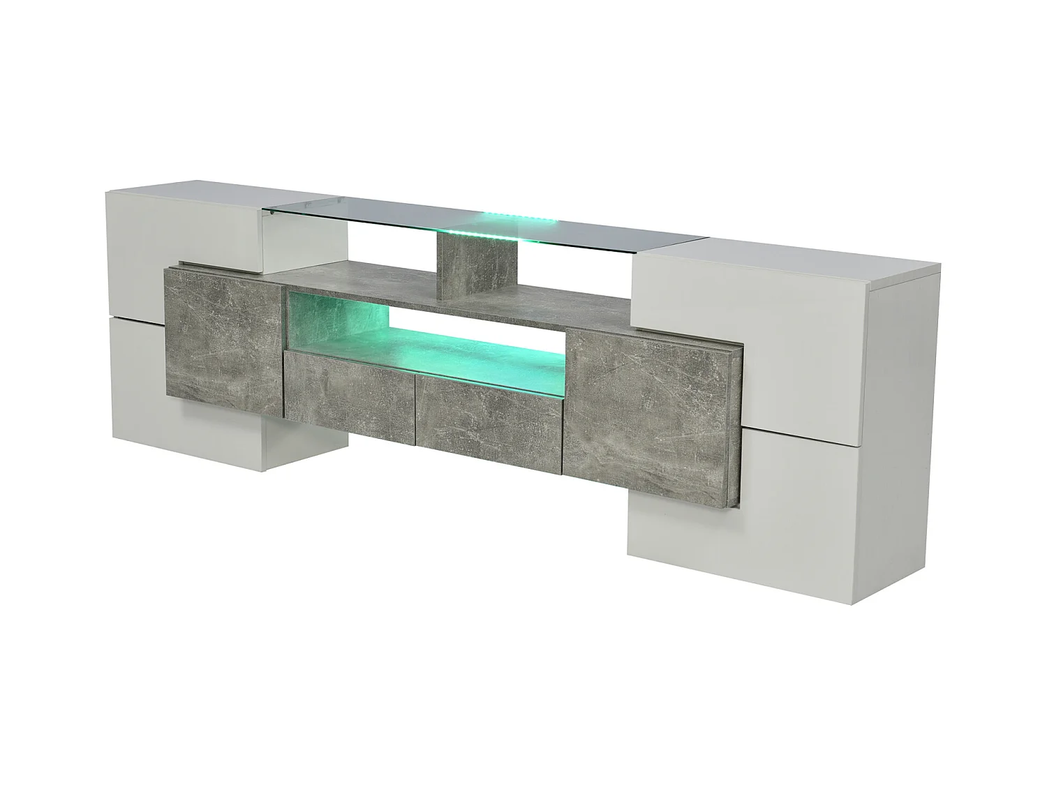 Móvel TV - 200x38x48cm LED branco brilhante e cinzento - acabamento em vidro - 4 portas de arrumação 2 gavetas 3 compartimentos - cinzento