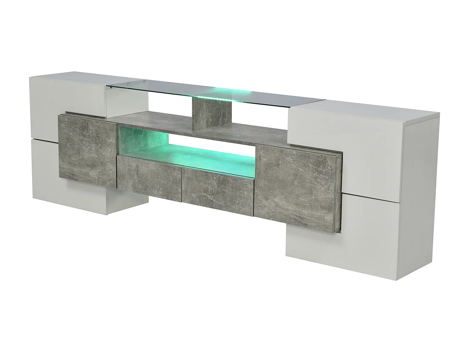 Móvel TV - 200x38x48cm LED branco brilhante e cinzento - acabamento em vidro - 4 portas de arrumação 2 gavetas 3 compartimentos - cinzento