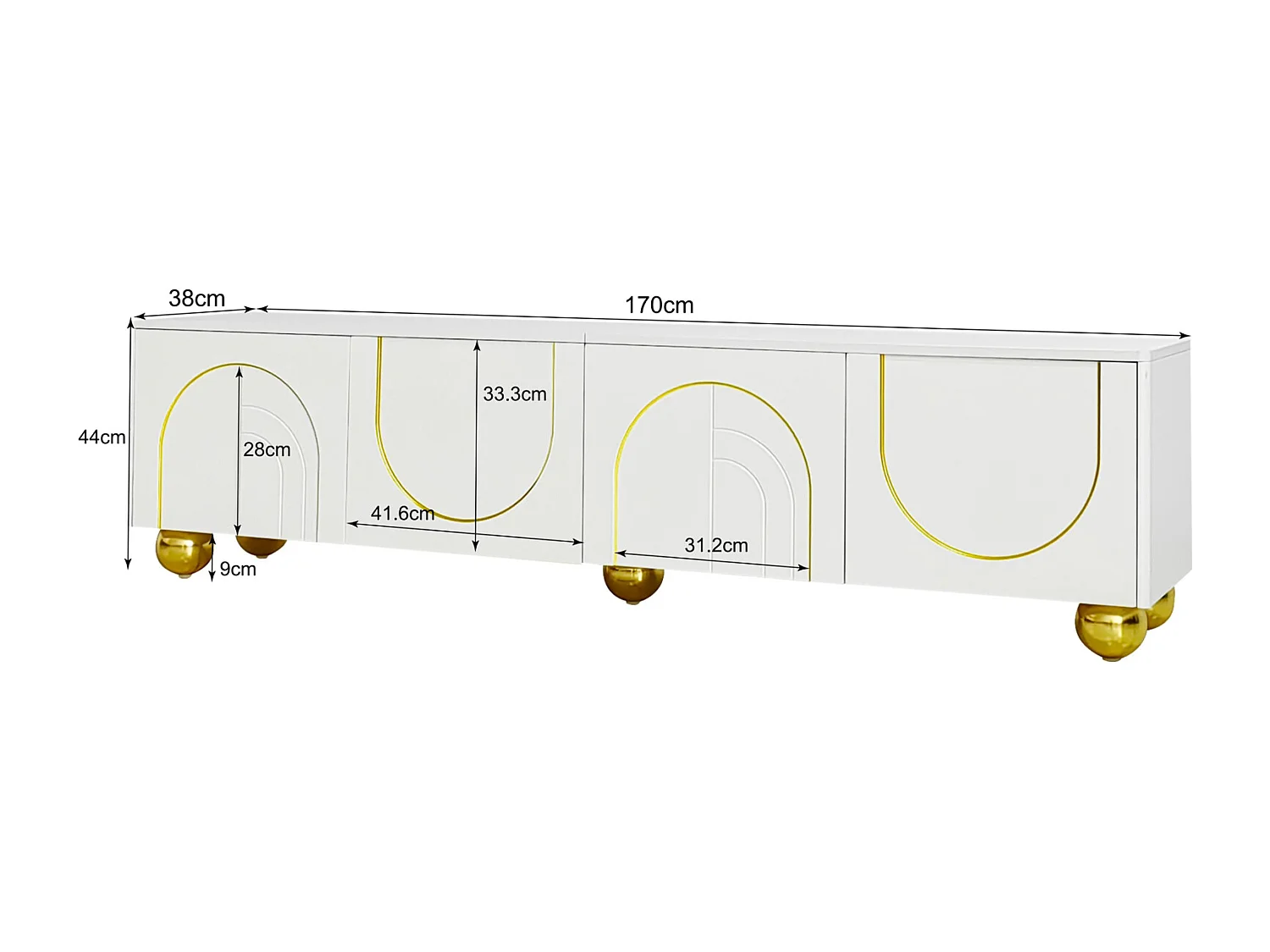 Mobile TV 170cm, con 4 ante, decorazione ad arco, ripiano portaoggetti, gambe rotonde in metallo dorato, mobile soggiorno in legno - Bianco