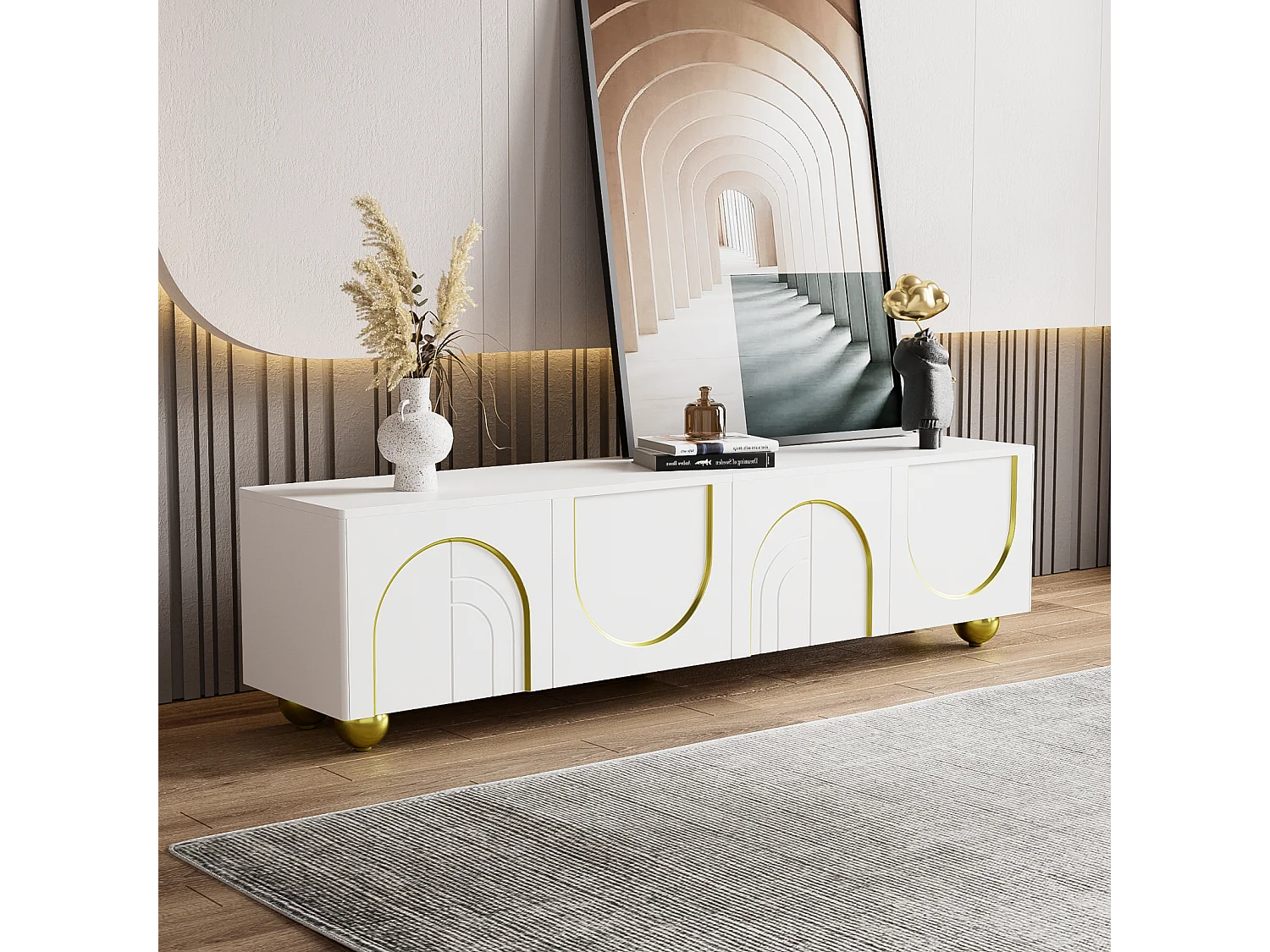 Mobile TV 170cm, con 4 ante, decorazione ad arco, ripiano portaoggetti, gambe rotonde in metallo dorato, mobile soggiorno in legno - Bianco