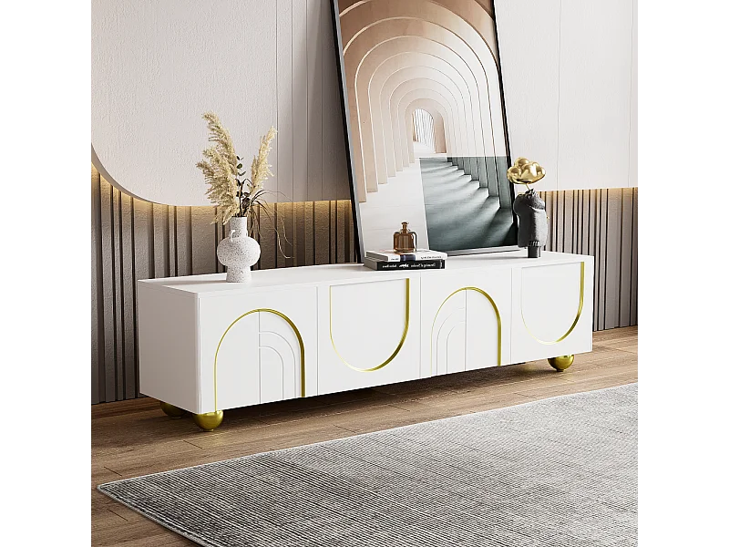 Mobile TV 170cm, con 4 ante, decorazione ad arco, ripiano portaoggetti, gambe rotonde in metallo dorato, mobile soggiorno in legno - Bianco