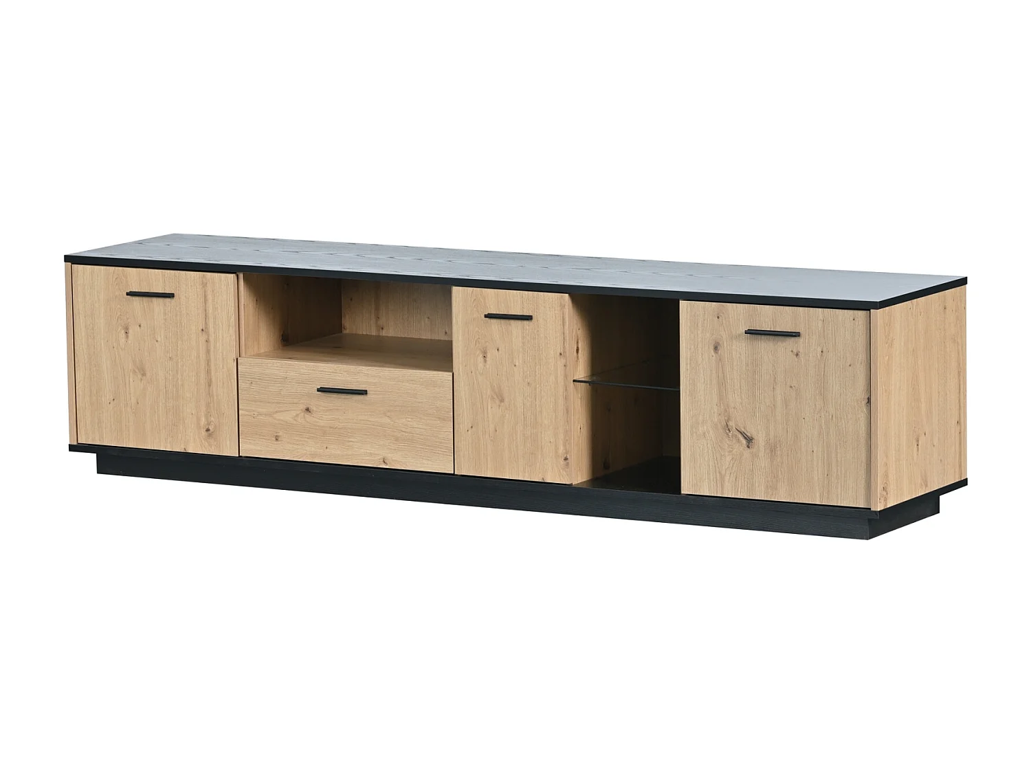 Meuble TV LED 15 lampes - TV-Board avec 1 tiroir + 3 portes + 2 compartiments plaque de toit noir - naturel 180x40x45cm