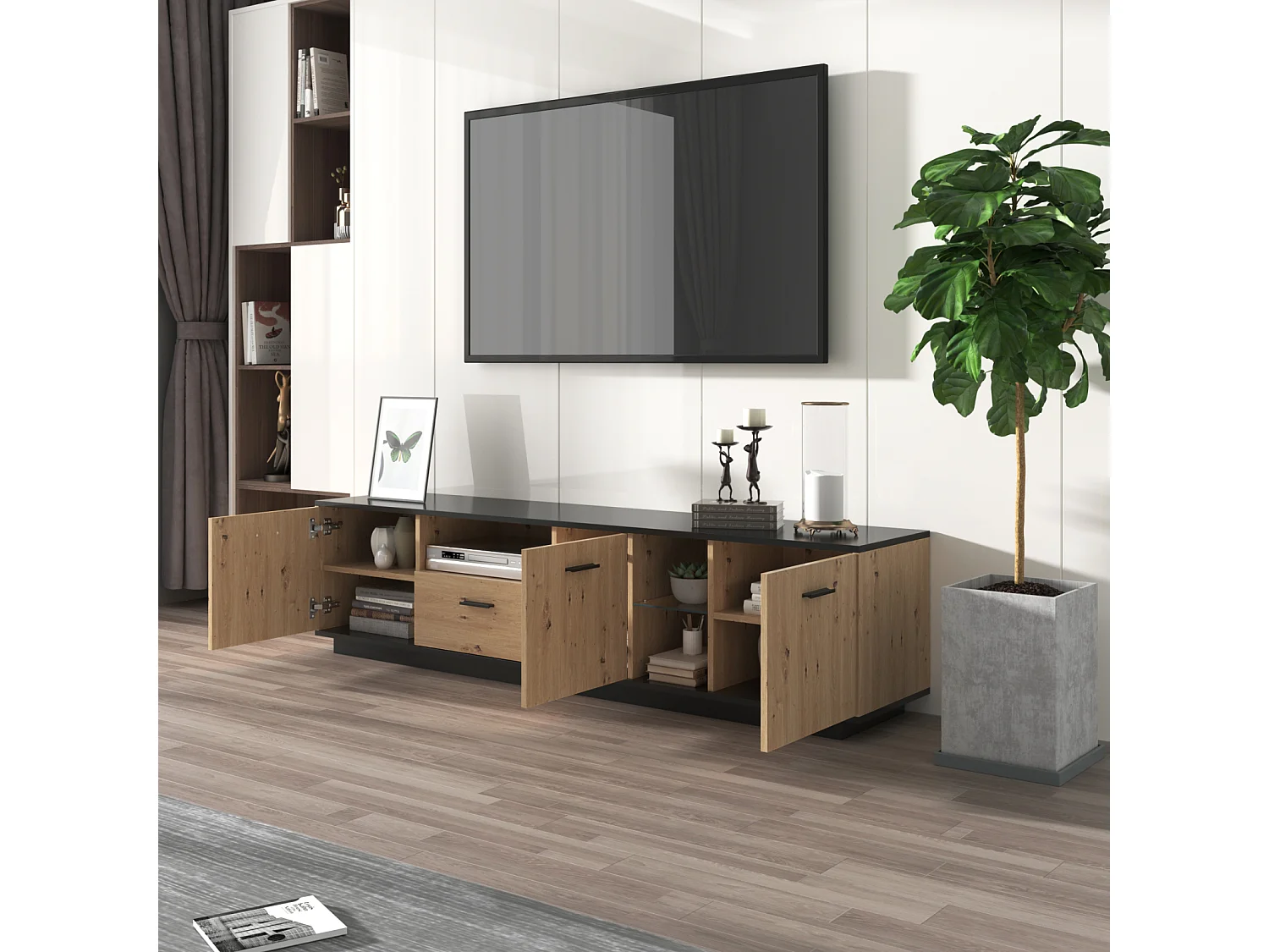 Meuble TV LED 15 lampes - TV-Board avec 1 tiroir + 3 portes + 2 compartiments plaque de toit noir - naturel 180x40x45cm