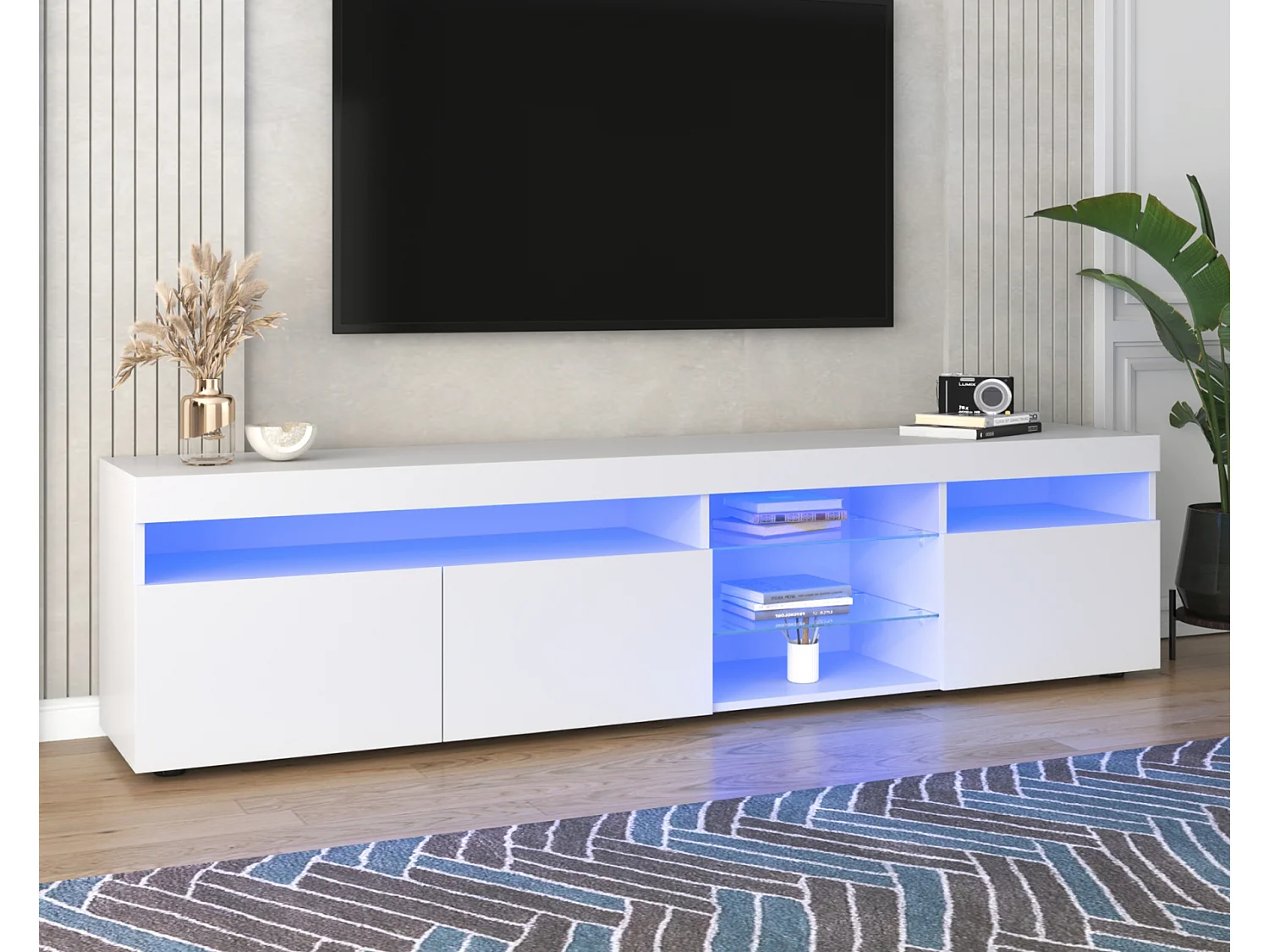 Mobile TV, moderno, con LED, con 3 ante e ripiano, MDF, bianco, 180x35x45cm