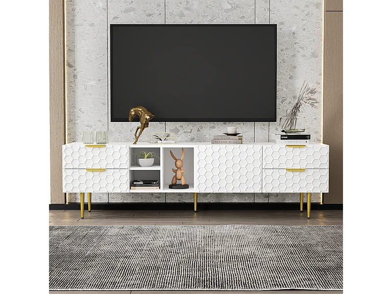 Mobile porta TV 170x40,3x49,9cm, con 1 anta, 4 cassetti, vani a giorno, maniglie e piedini dorati, bianco