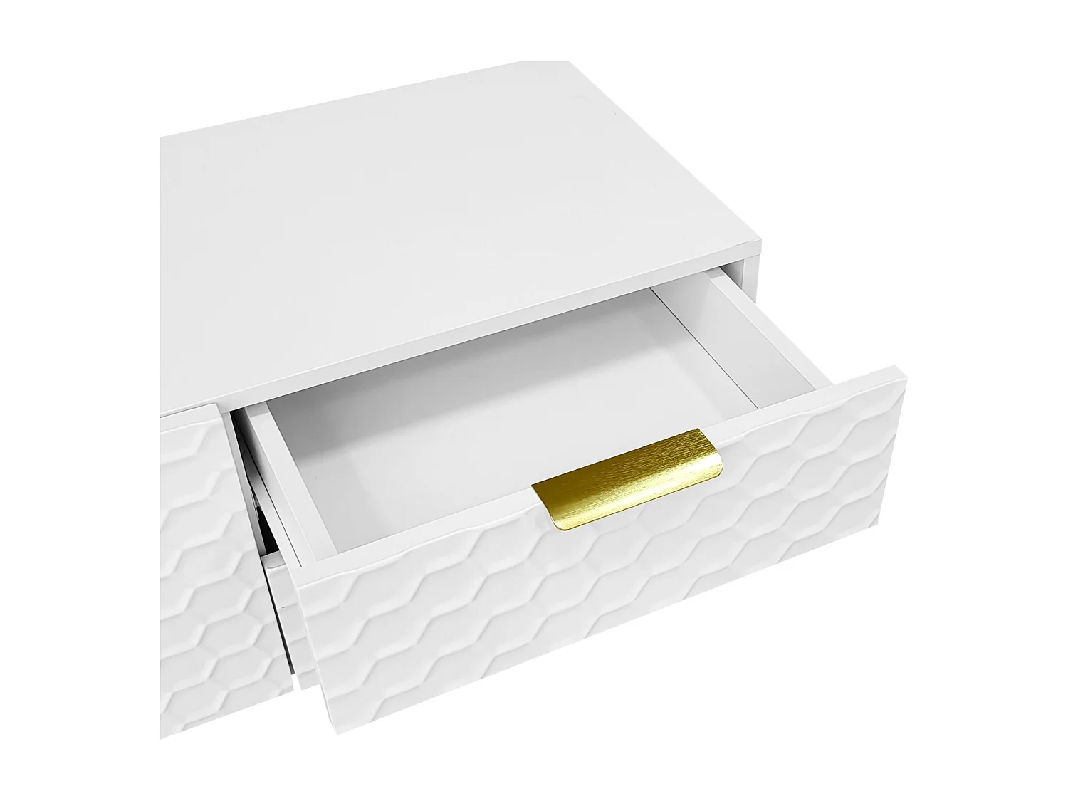 TV-meubel 170x40,3x49,9cm, met 1 deur, 4 laden, open vakken, gouden handgrepen en poten, wit