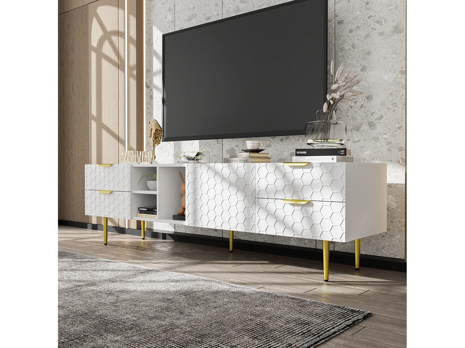 TV-meubel 170x40,3x49,9cm, met 1 deur, 4 laden, open vakken, gouden handgrepen en poten, wit