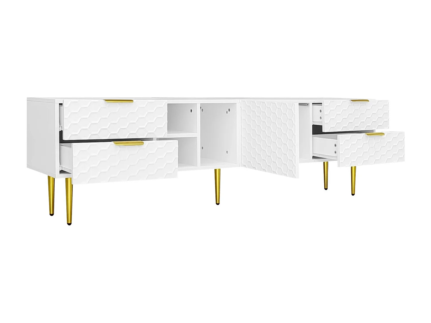 TV-meubel 170x40,3x49,9cm, met 1 deur, 4 laden, open vakken, gouden handgrepen en poten, wit