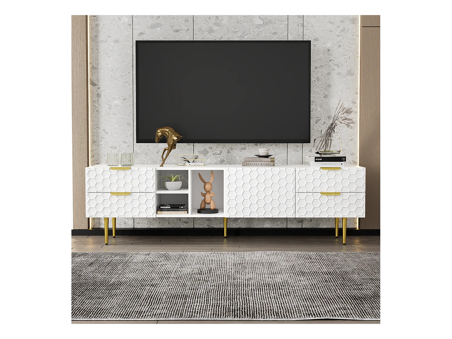 Meuble TV 170x40.3x49.9cm, avec 1 porte, 4 tiroirs, compartiments ouverts, poignées et pieds dorés, blanc