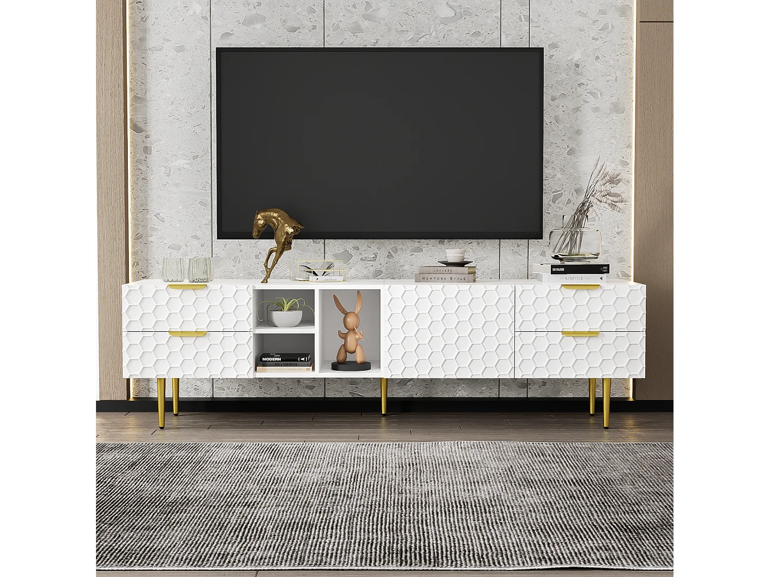Móvel TV 170x40,3x49,9cm, com 1 porta, 4 gavetas, compartimentos abertos, puxadores e pés dourados, branco