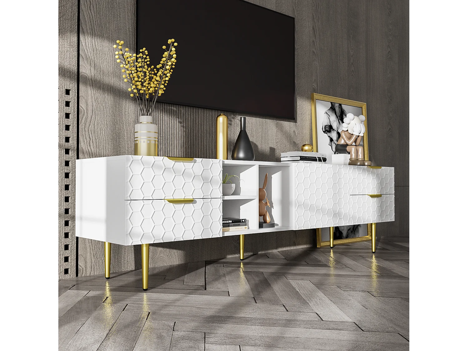 Móvel TV 170x40,3x49,9cm, com 1 porta, 4 gavetas, compartimentos abertos, puxadores e pés dourados, branco