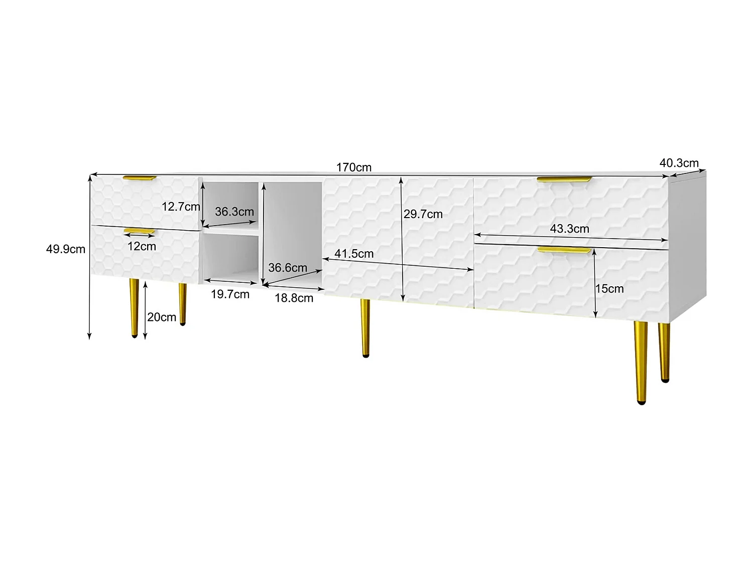 Móvel TV 170x40,3x49,9cm, com 1 porta, 4 gavetas, compartimentos abertos, puxadores e pés dourados, branco