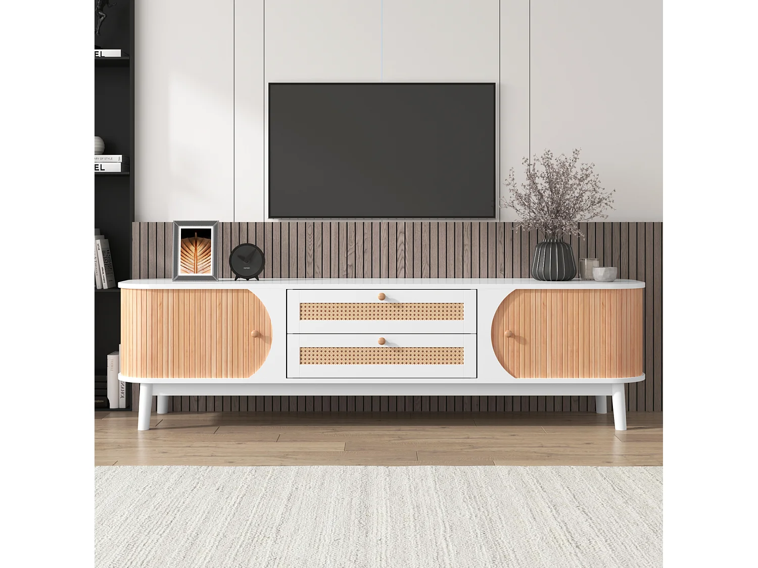 Meuble TV 170x39.5x46cm - Meuble TV en bois avec portes et tiroirs en rotin style maison de campagne pour rangement - blanc