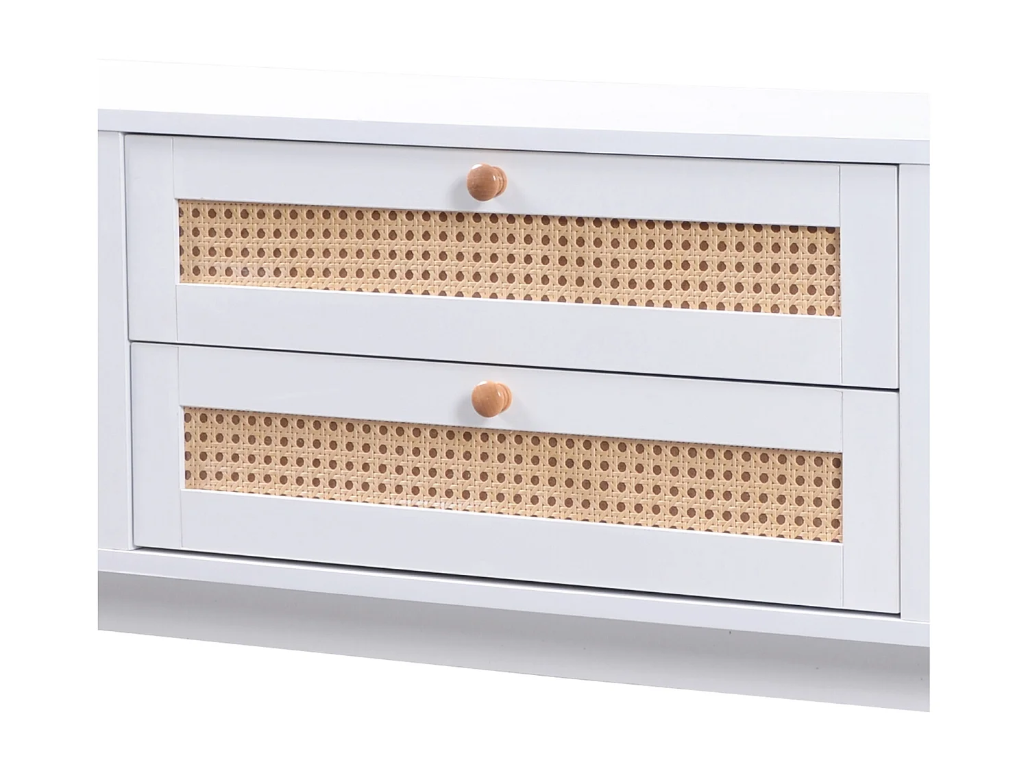 Meuble TV 170x39.5x46cm - Meuble TV en bois avec portes et tiroirs en rotin style maison de campagne pour rangement - blanc