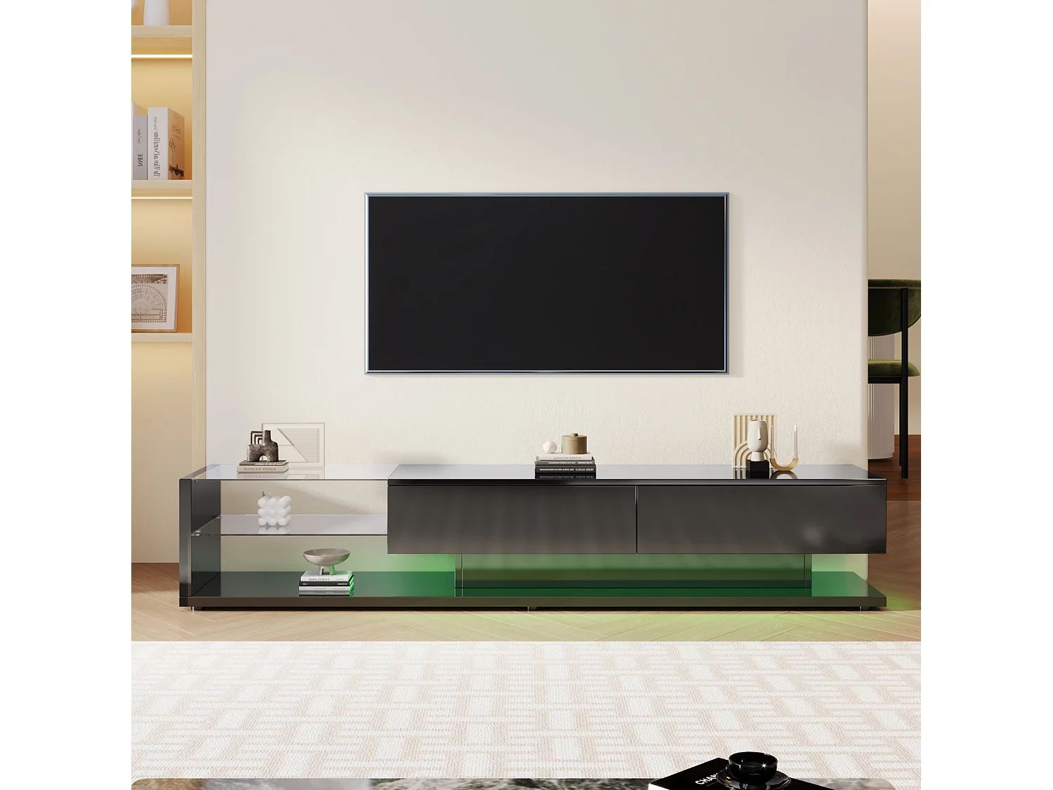 Mobile TV moderno lucido 170x38x36cm, divisori in vetro e illuminazione LED variabile, stile naturale e rustico, nero
