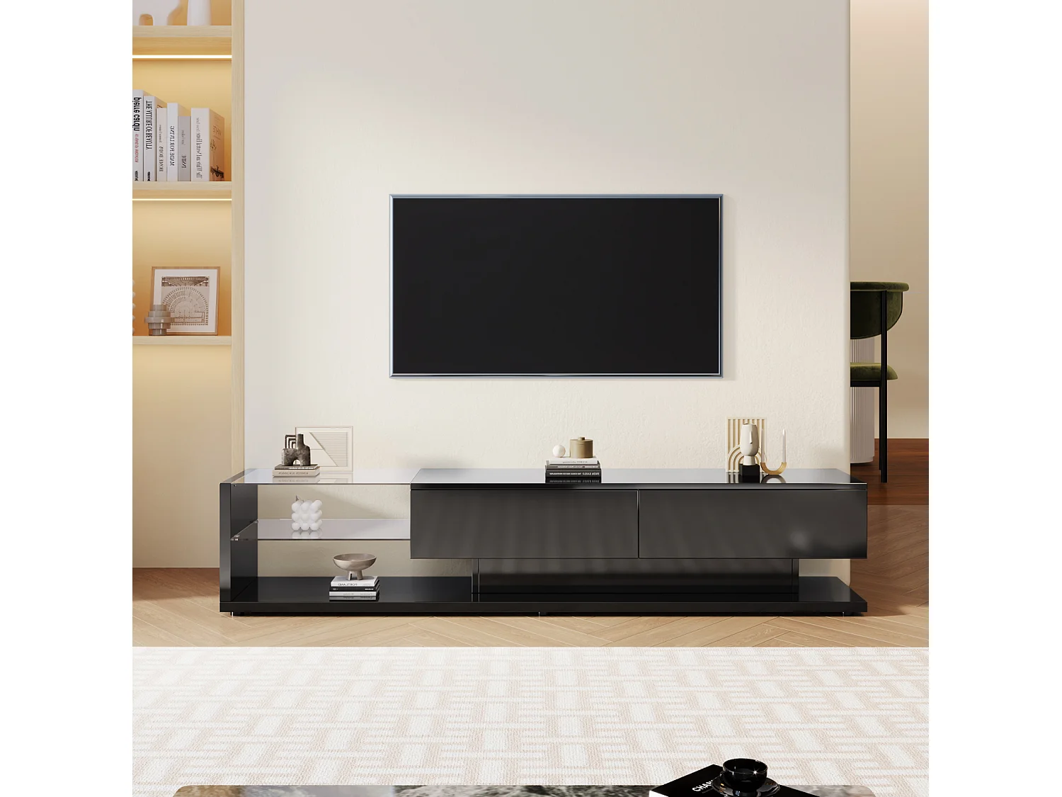 Mobile TV moderno lucido 170x38x36cm, divisori in vetro e illuminazione LED variabile, stile naturale e rustico, nero