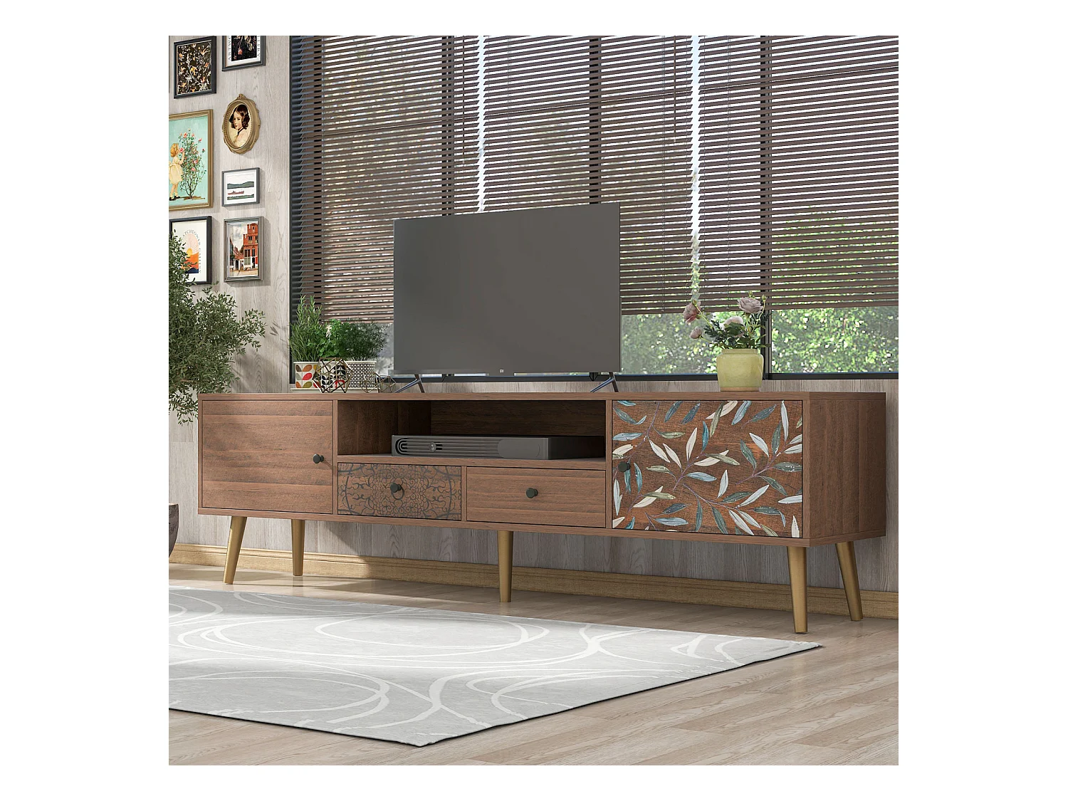 Meuble TV vintage avec 2 portes, 2 tiroirs design campagnard, pieds dorés Lowboard avec impression - naturel 180x38x50.5cm