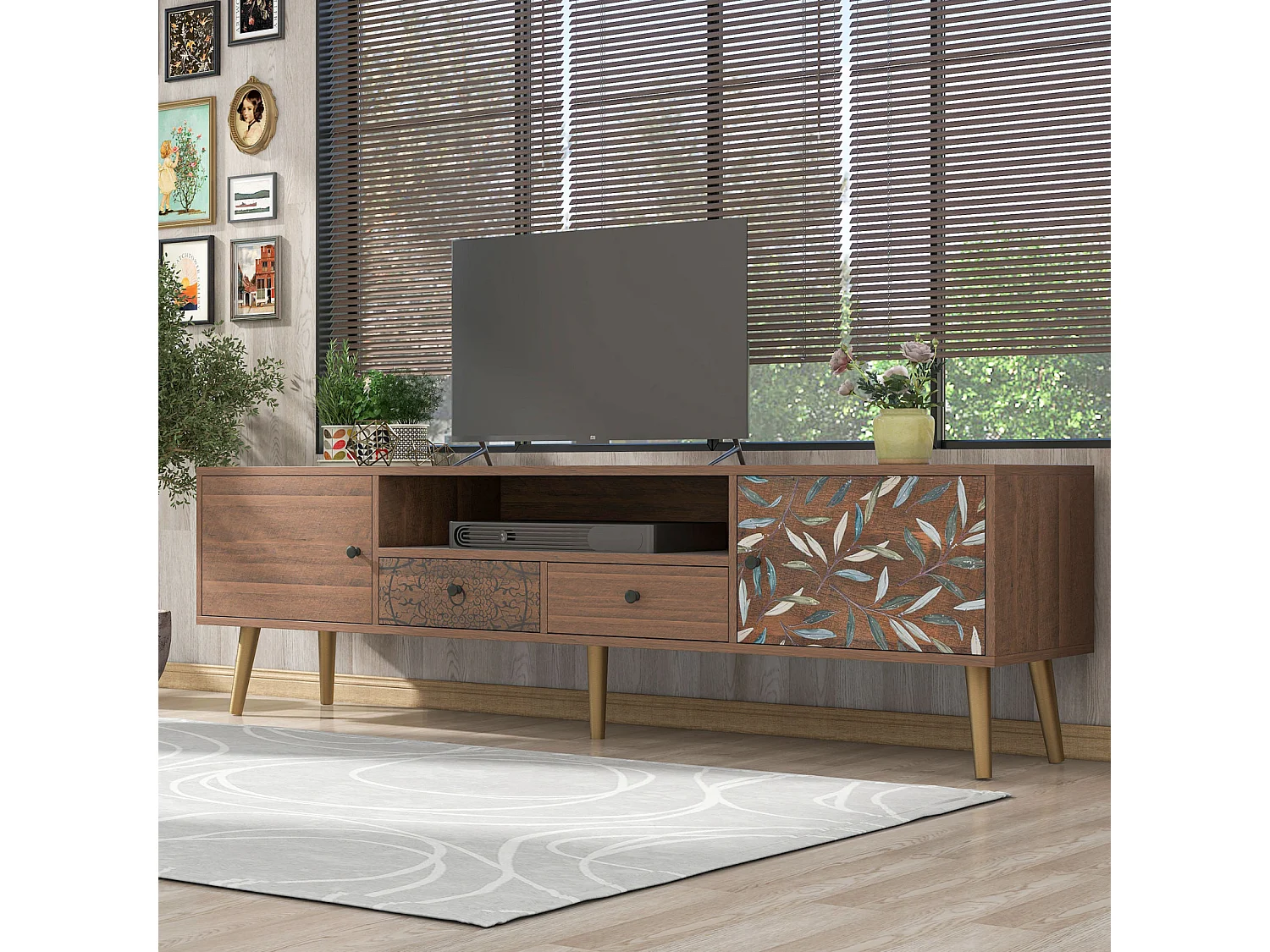 Meuble TV vintage avec 2 portes, 2 tiroirs design campagnard, pieds dorés Lowboard avec impression - naturel 180x38x50.5cm