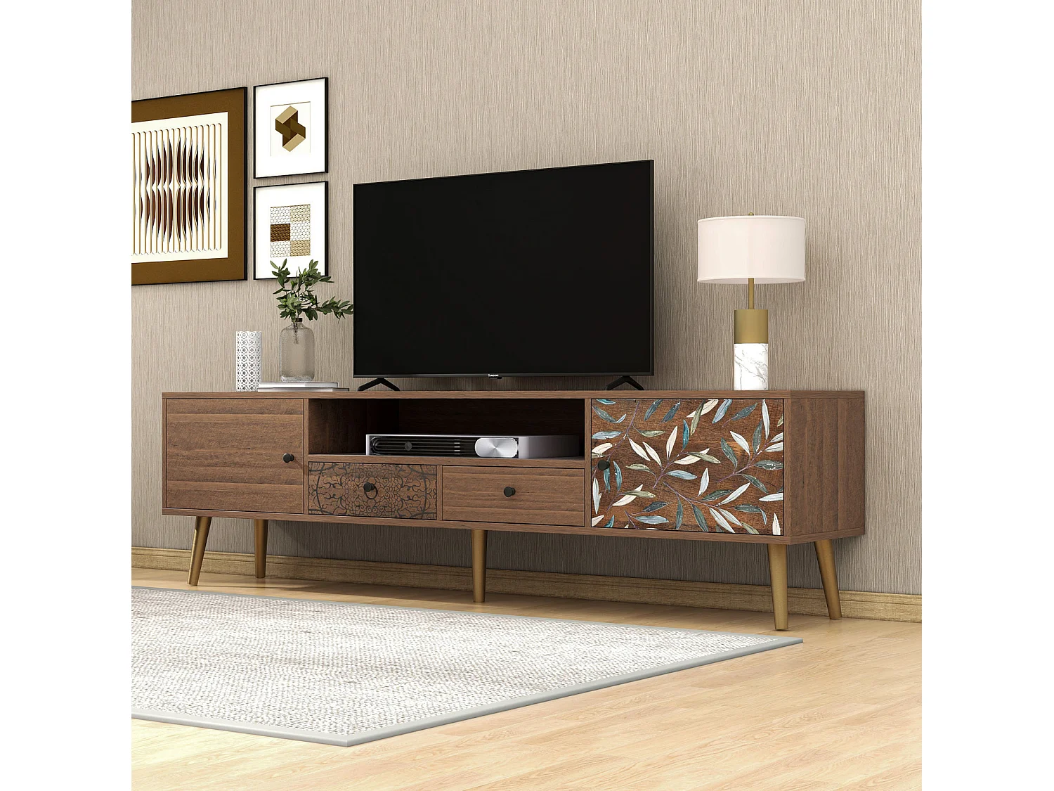 Meuble TV vintage avec 2 portes, 2 tiroirs design campagnard, pieds dorés Lowboard avec impression - naturel 180x38x50.5cm