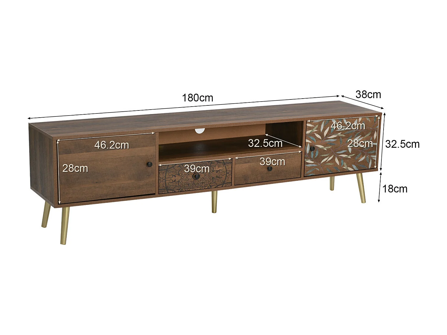 Meuble TV vintage avec 2 portes, 2 tiroirs design campagnard, pieds dorés Lowboard avec impression - naturel 180x38x50.5cm