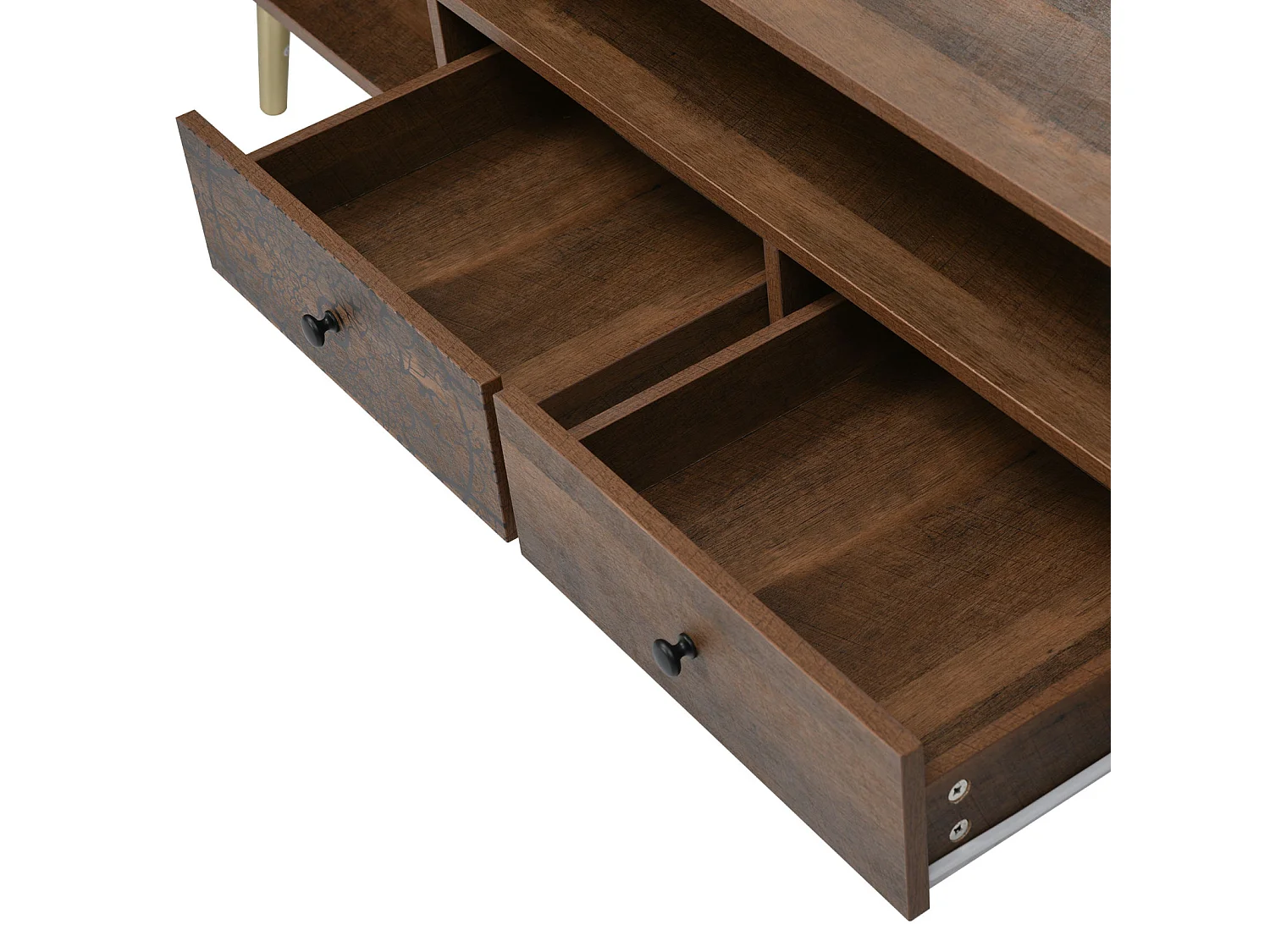 Meuble TV vintage avec 2 portes, 2 tiroirs design campagnard, pieds dorés Lowboard avec impression - naturel 180x38x50.5cm