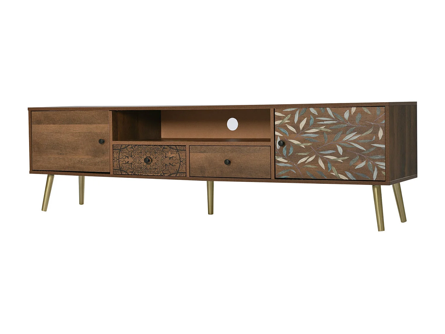 Meuble TV vintage avec 2 portes, 2 tiroirs design campagnard, pieds dorés Lowboard avec impression - naturel 180x38x50.5cm