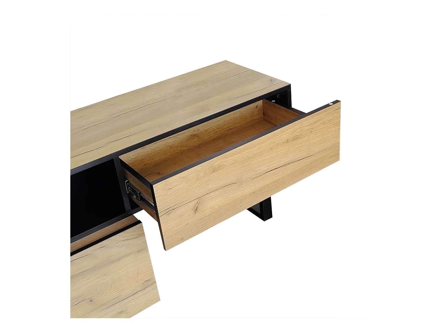 Meuble TV 200cm, avec 3 tiroirs, 2 étagères, longueur ajustable, finition en chêne nature, style campagne, Meuble de salon en bois - Marron