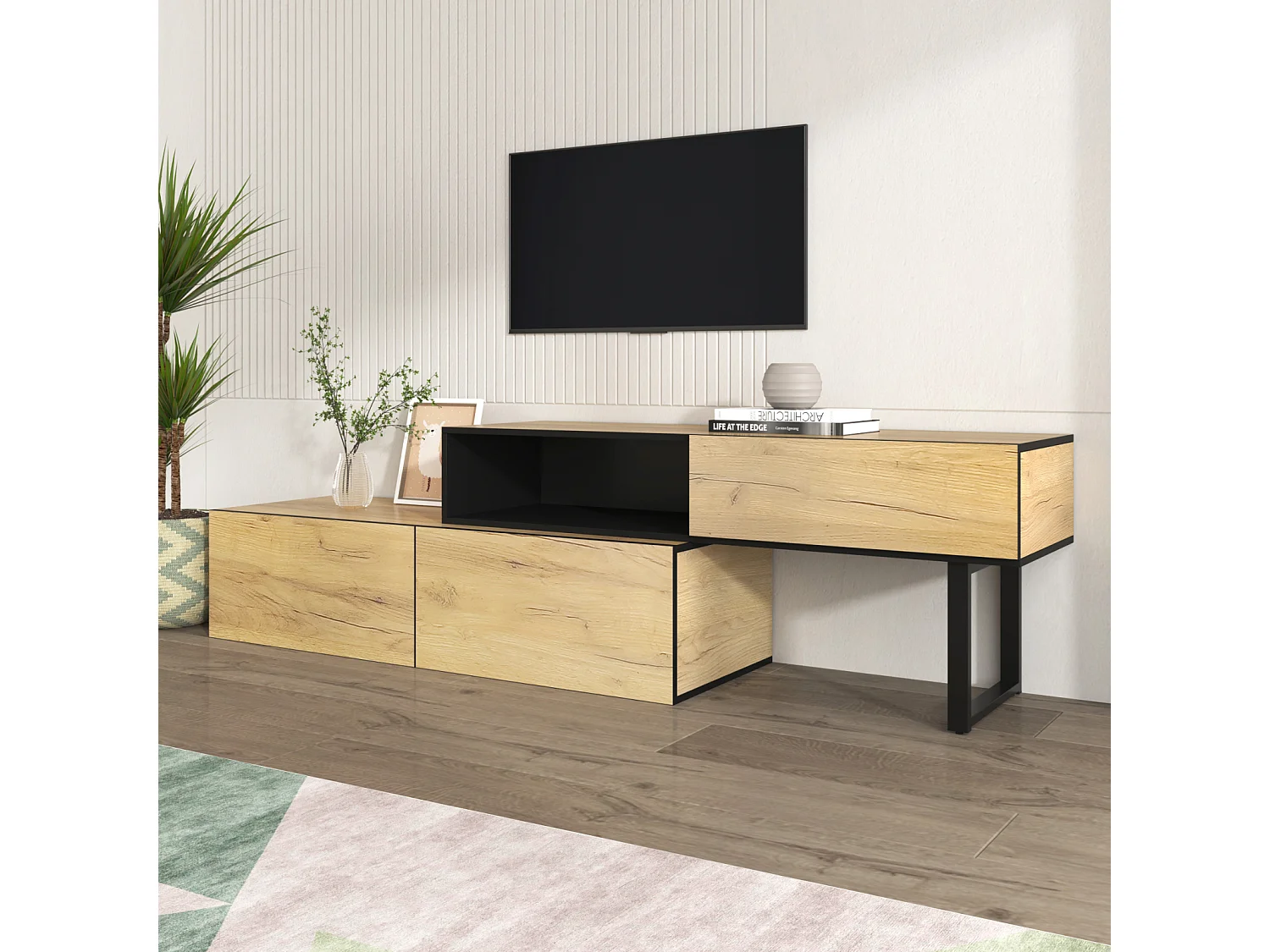 Meuble TV 200cm, avec 3 tiroirs, 2 étagères, longueur ajustable, finition en chêne nature, style campagne, Meuble de salon en bois - Marron