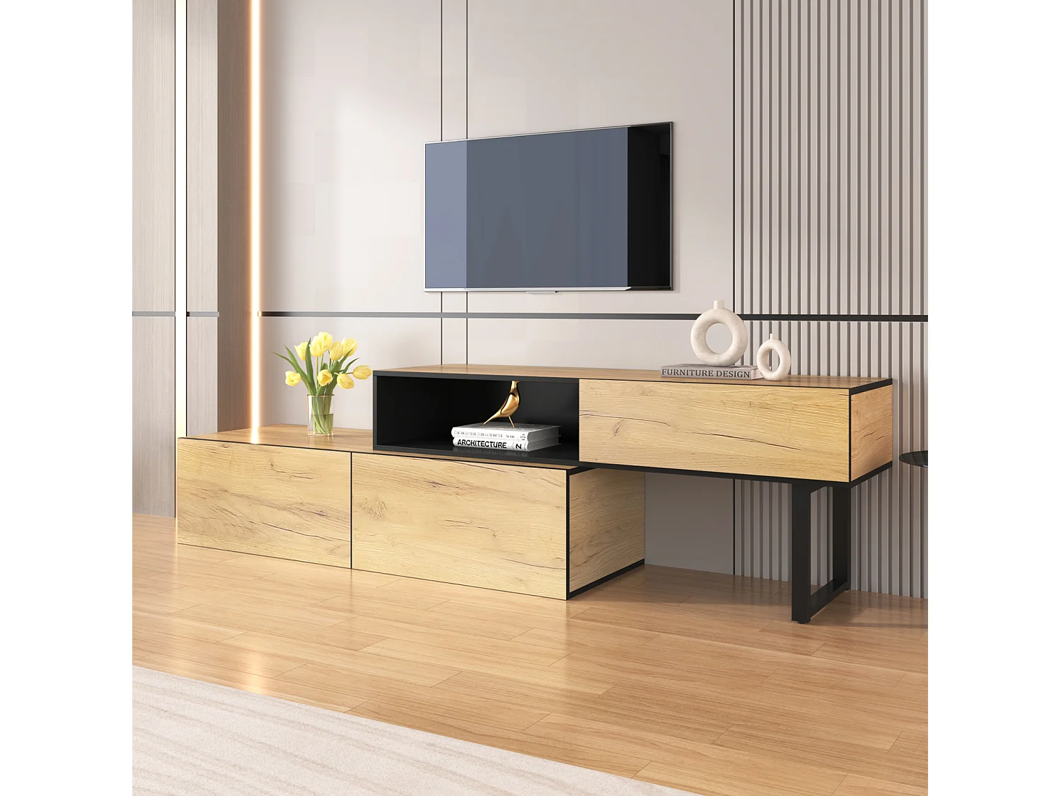 Meuble TV 200cm, avec 3 tiroirs, 2 étagères, longueur ajustable, finition en chêne nature, style campagne, Meuble de salon en bois - Marron