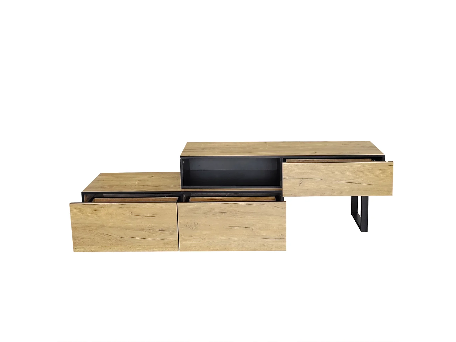 Meuble TV 200cm, avec 3 tiroirs, 2 étagères, longueur ajustable, finition en chêne nature, style campagne, Meuble de salon en bois - Marron