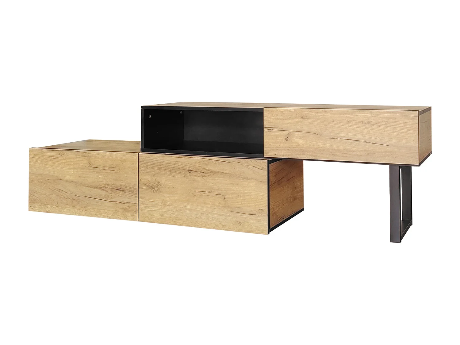 Meuble TV 200cm, avec 3 tiroirs, 2 étagères, longueur ajustable, finition en chêne nature, style campagne, Meuble de salon en bois - Marron