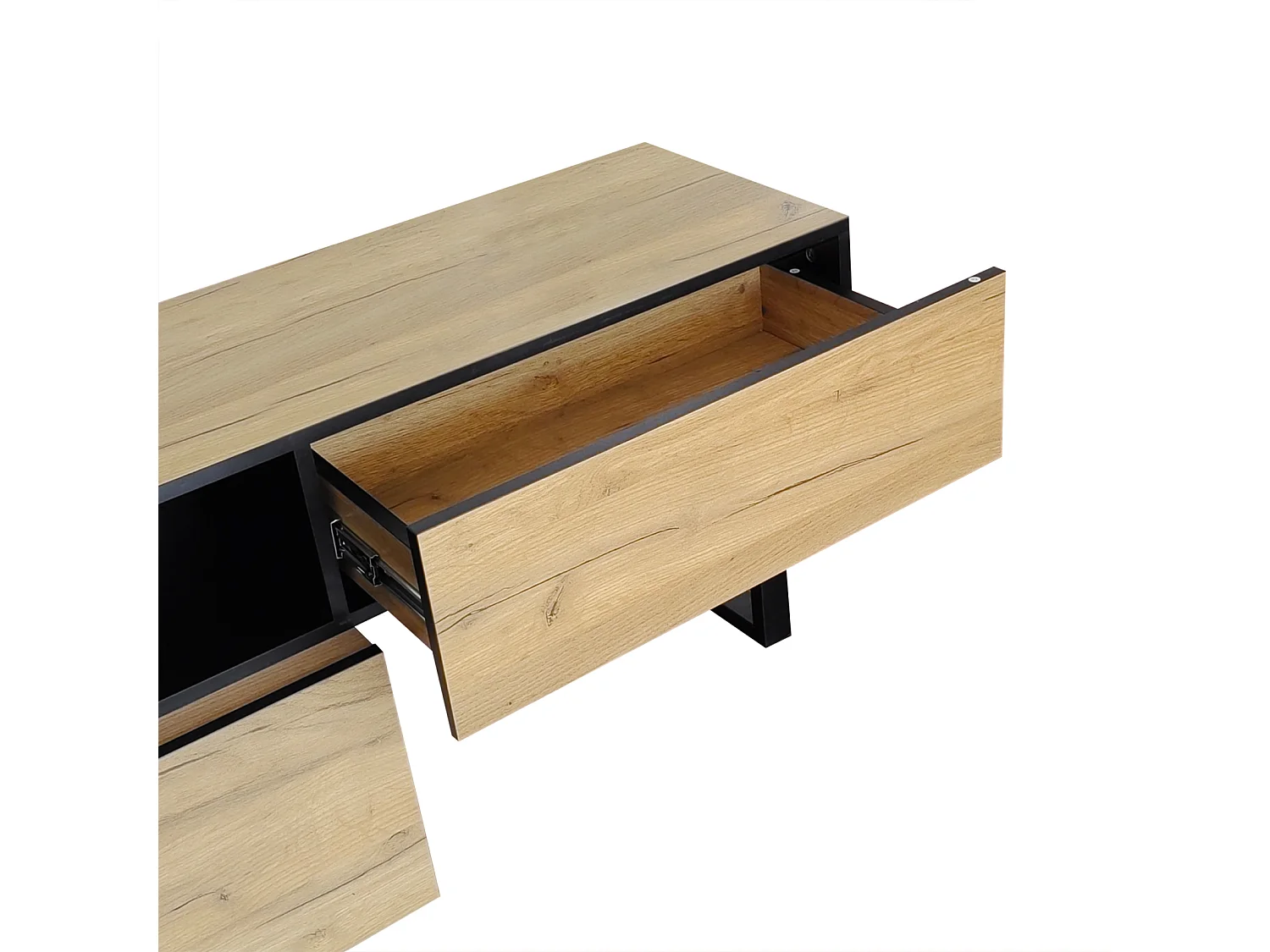 Meuble TV 200cm, avec 3 tiroirs, 2 étagères, longueur ajustable, finition en chêne nature, style campagne, Meuble de salon en bois - Marron