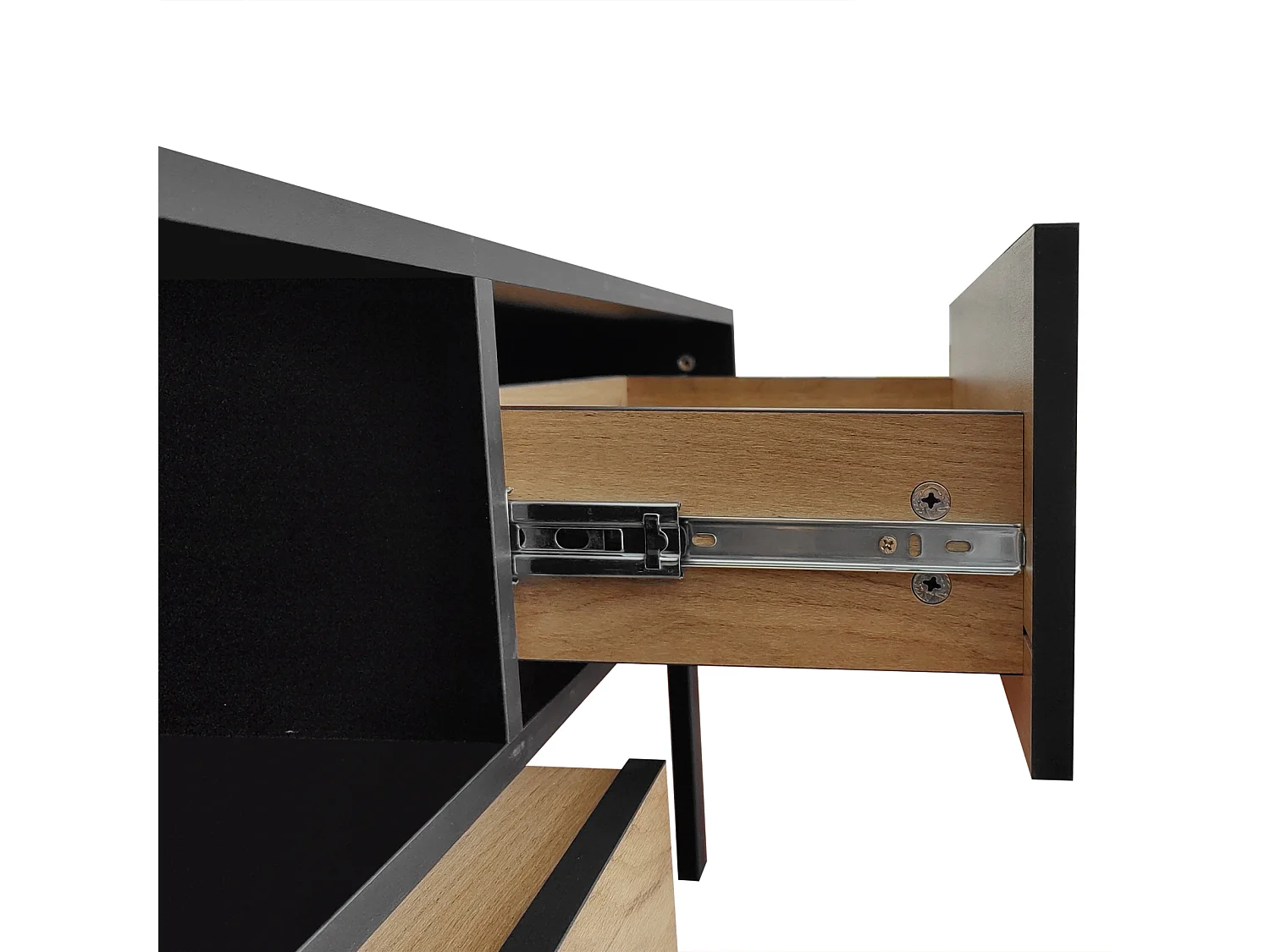 Meuble TV 200cm, avec 3 tiroirs, 2 étagères, longueur ajustable, finition en chêne nature, style campagne, Meuble de salon en bois - Marron