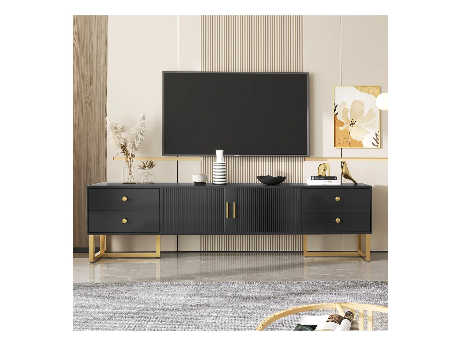Meuble TV 175x30x46cm, panneau bas avec porte texturée, iroirs, poignées dorées et pieds dorés, noir