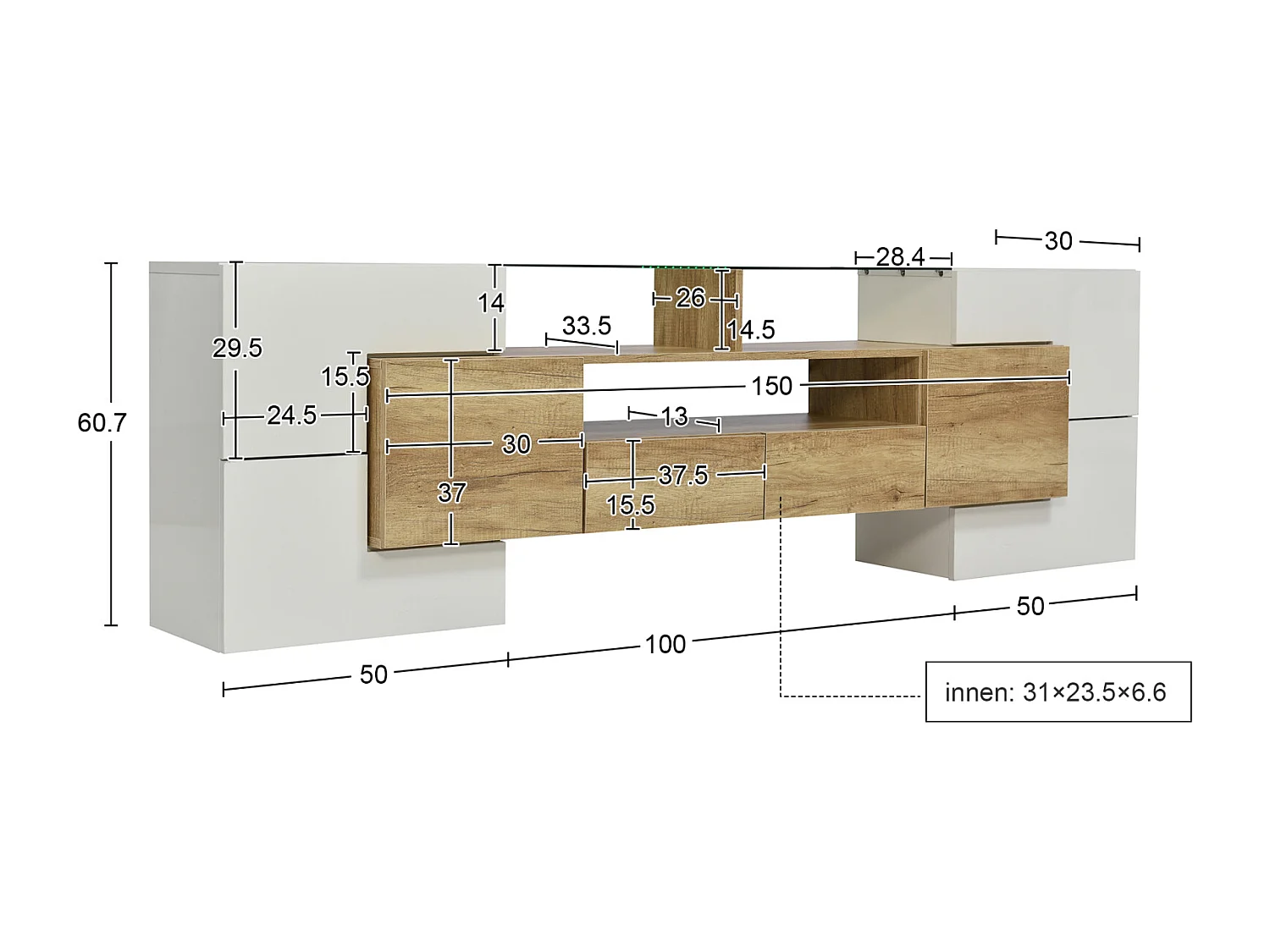 Móvel TV - 200x38x48cm LED branco brilhante e cinzento - acabamento em vidro - 6 portas de arrumação 2 gavetas 3 compartimentos - cores