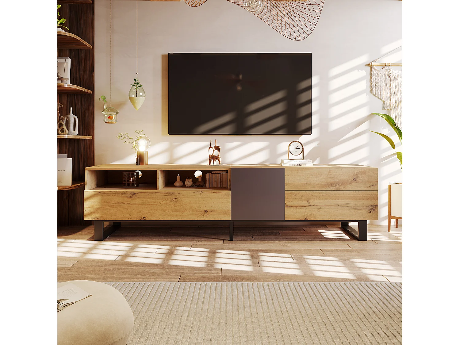 Mueble de TV - 2 puertas y 2 cajones - Madera maciza - Contemporáneo - Marrón