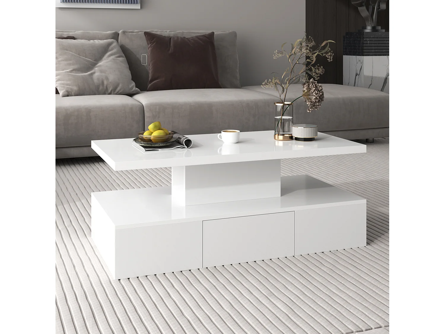 Table bass avec tiroirs, laque brillante, table avec deux niveaux de rangement, lumière LED, 100 L x 50 B x 39Hcm Blanc