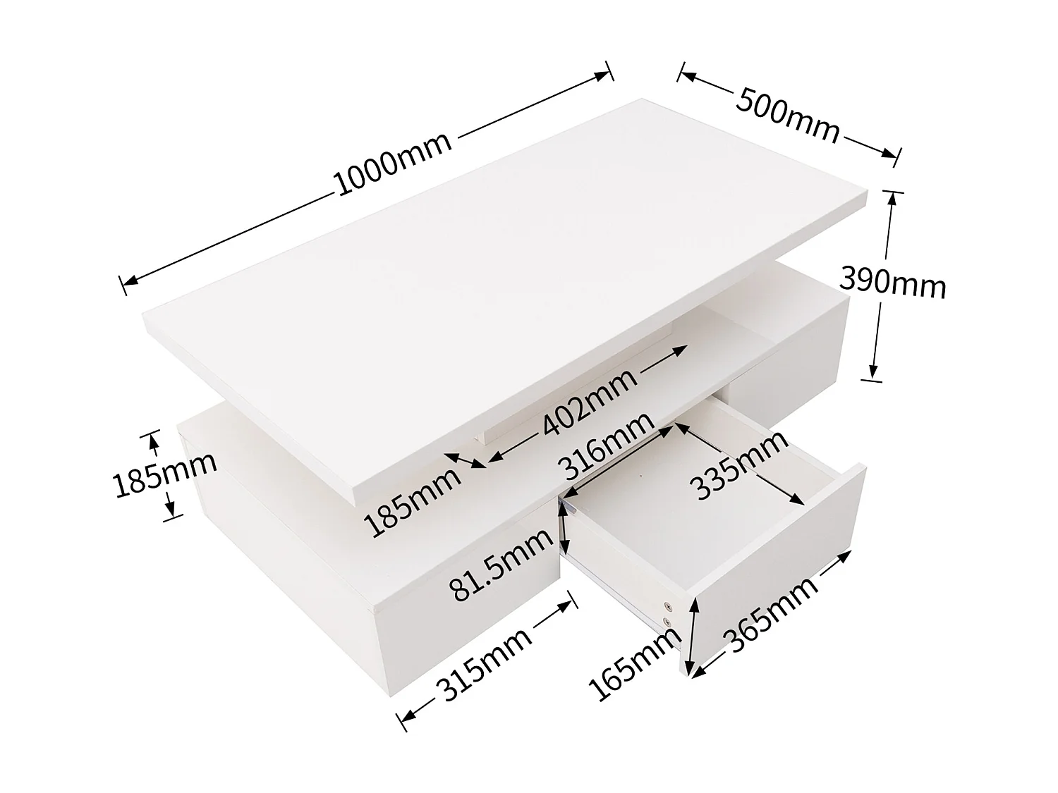 Table bass avec tiroirs, laque brillante, table avec deux niveaux de rangement, lumière LED, 100 L x 50 B x 39Hcm Blanc