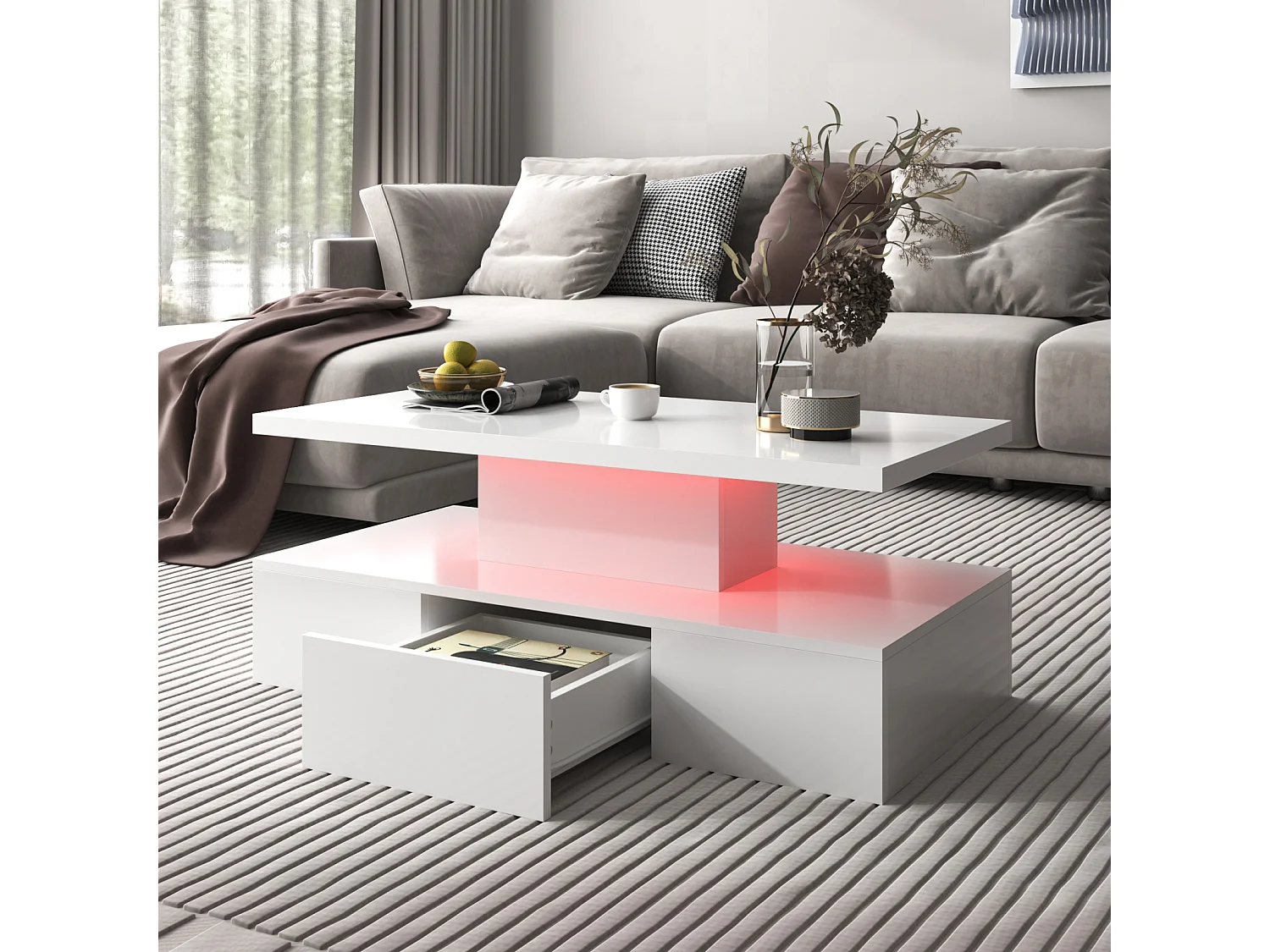 Table bass avec tiroirs, laque brillante, table avec deux niveaux de rangement, lumière LED, 100 L x 50 B x 39Hcm Blanc