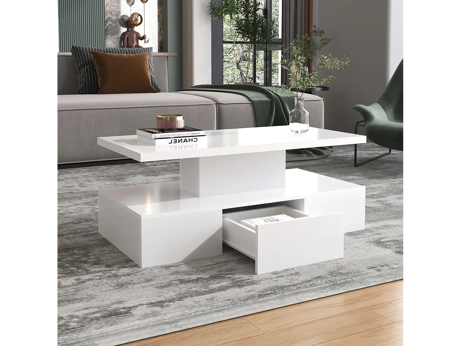 Table bass avec tiroirs, laque brillante, table avec deux niveaux de rangement, lumière LED, 100 L x 50 B x 39Hcm Blanc