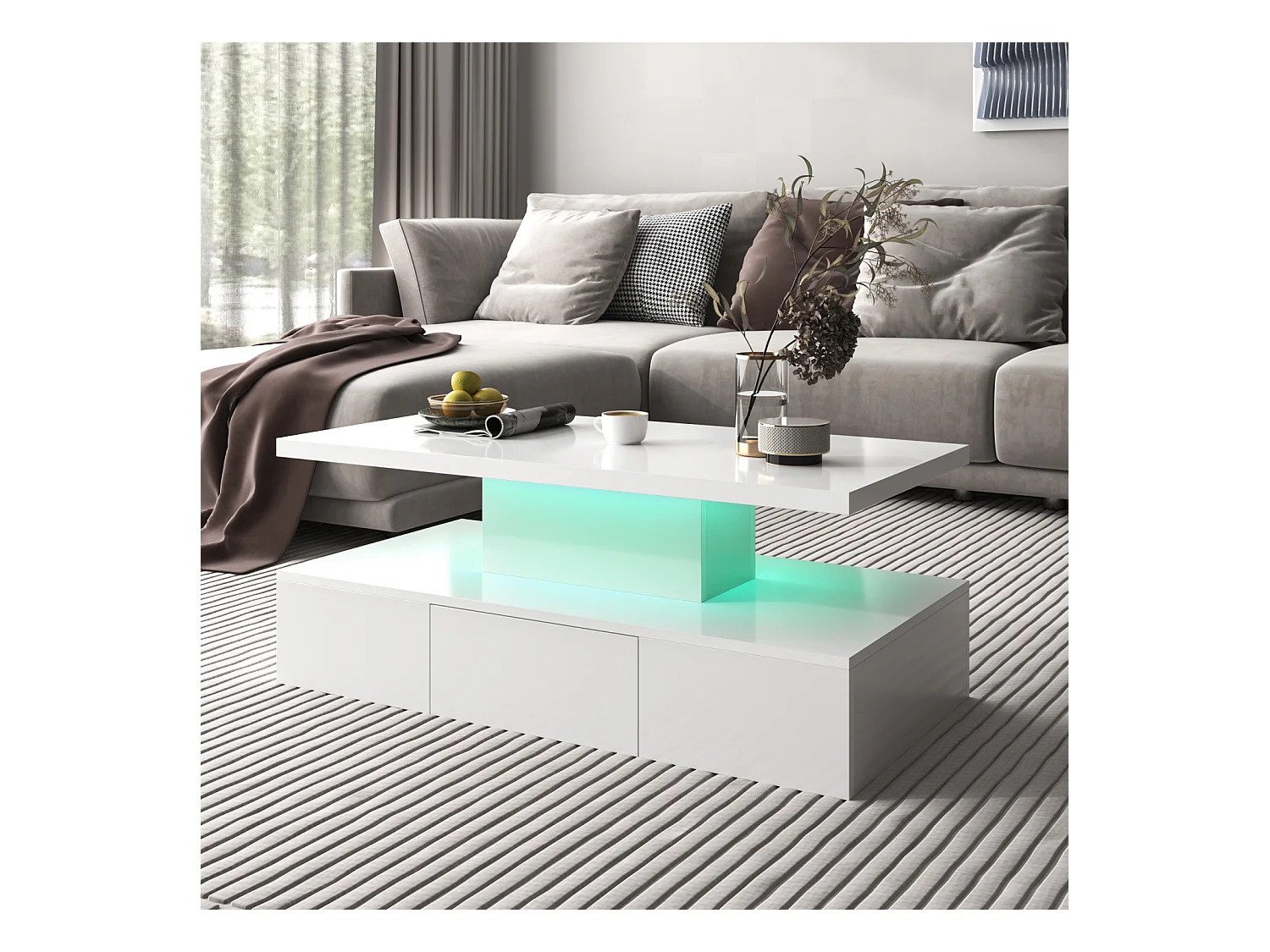 Table bass avec tiroirs, laque brillante, table avec deux niveaux de rangement, lumière LED, 100 L x 50 B x 39Hcm Blanc