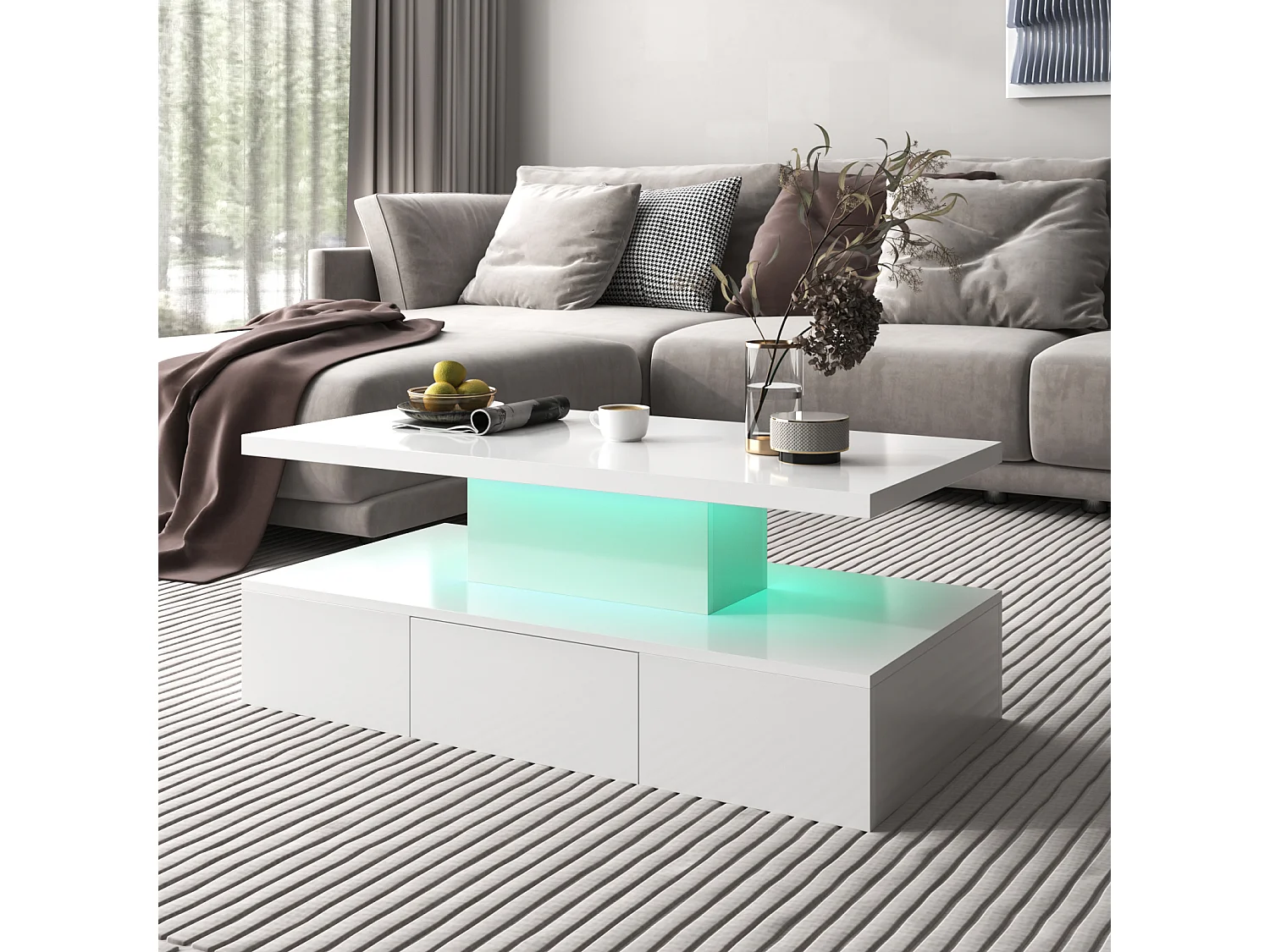 Salontafel met lades, hoogglanslak, tafel met twee opbergniveaus, LED-verlichting, 100 L x 50 B x 39 Hcm Wit