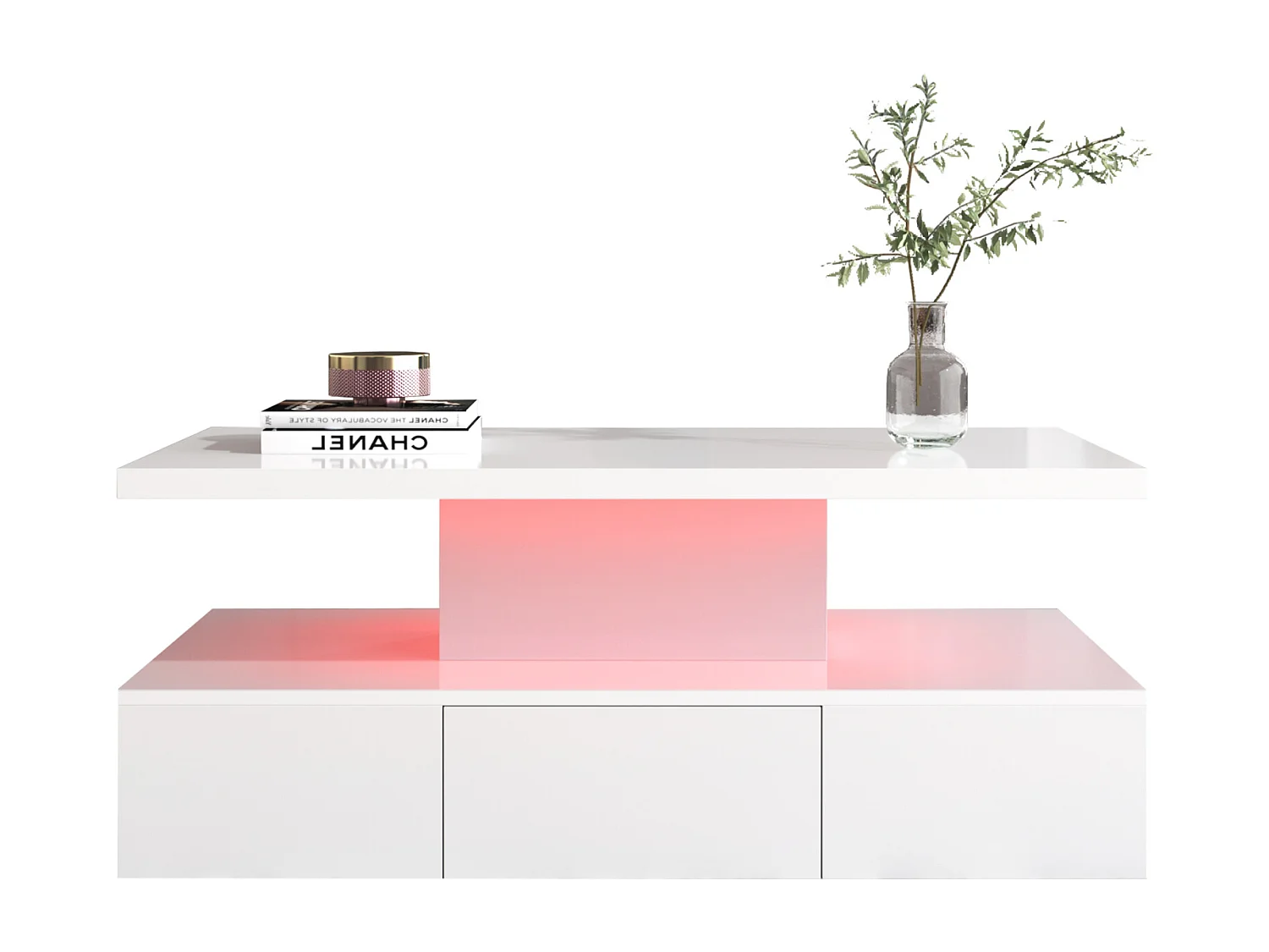 Salontafel met lades, hoogglanslak, tafel met twee opbergniveaus, LED-verlichting, 100 L x 50 B x 39 Hcm Wit