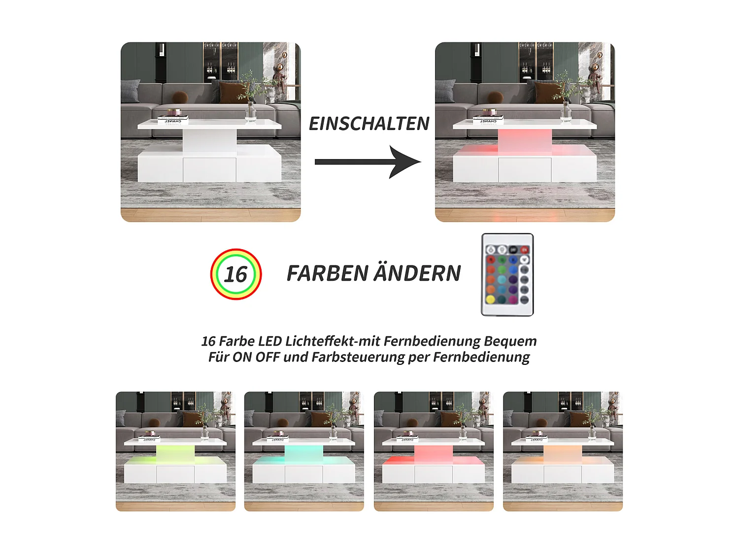 Salontafel met lades, hoogglanslak, tafel met twee opbergniveaus, LED-verlichting, 100 L x 50 B x 39 Hcm Wit