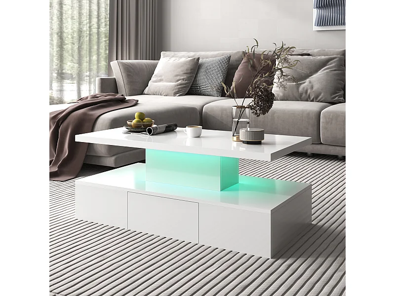 Table bass avec tiroirs, laque brillante, table avec deux niveaux de rangement, lumière LED, 100 L x 50 B x 39Hcm Blanc